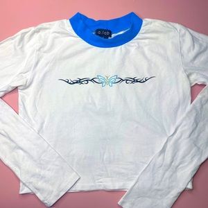 Bedazzled Y2K Long Sleeve Blue and White Crop Top with Tattoo Style Butterfly